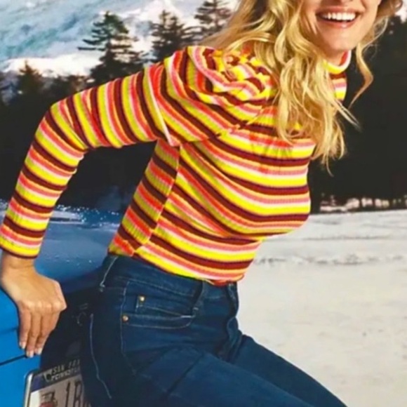 2/25 Maeve Anthropologie Retro Too Shirt Puff Sleeve Ribbed Stripe Neon - Picture 1 of 5